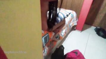 I spy my 18 year old stepsister freshly bathed, she jerks off my cock and puts it in her wet little vagina